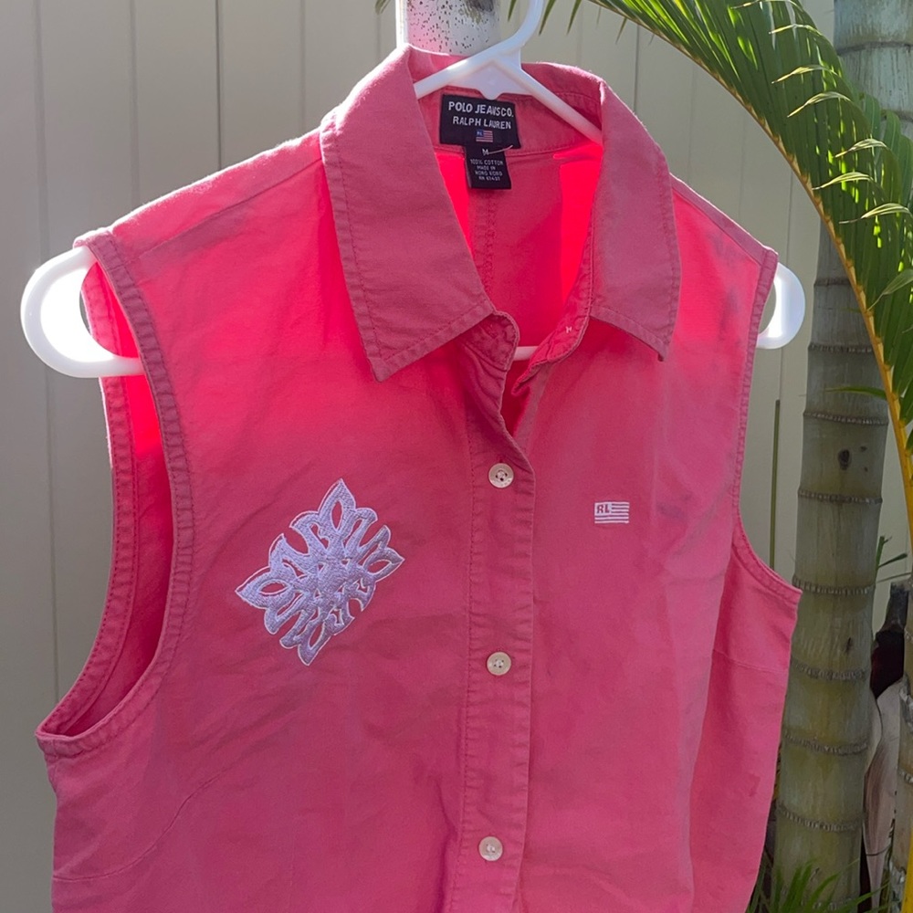 Vintage Ralph Lauren Pink Tied Cropped Vest with Hawaiian Embroidery
